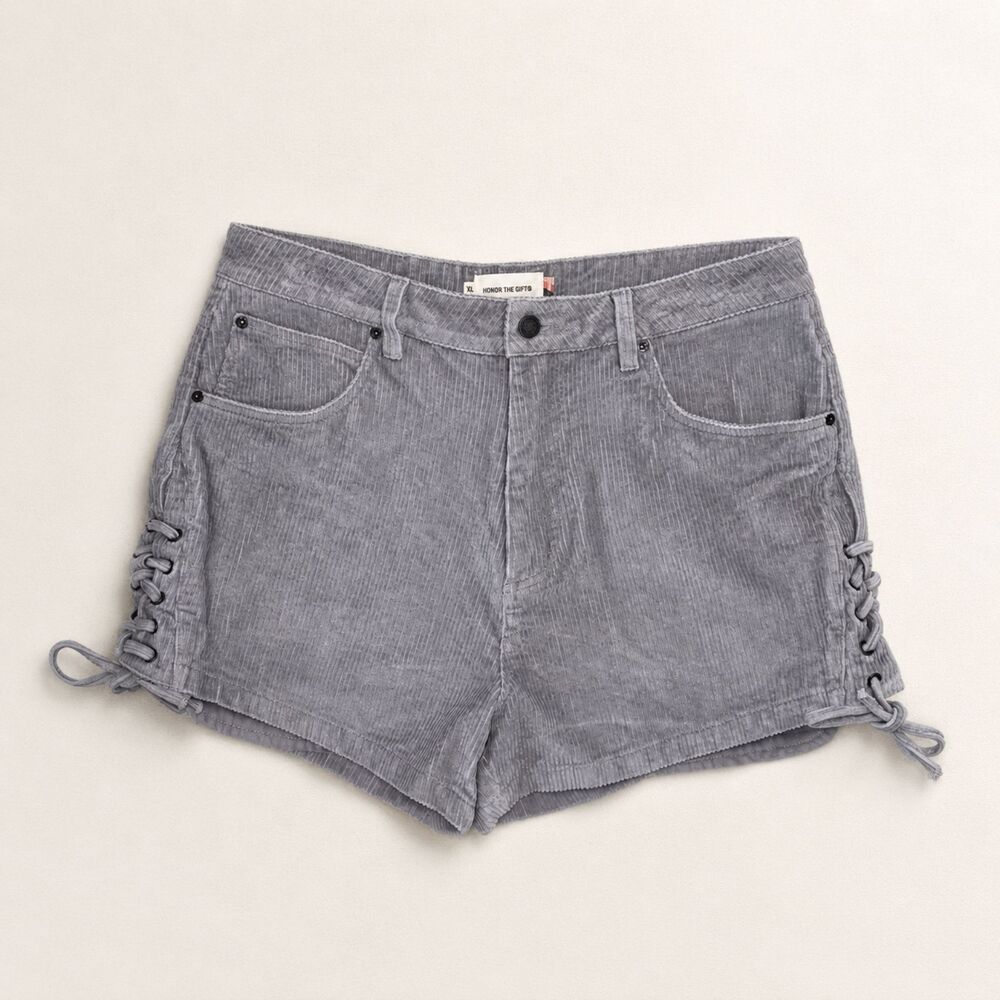 Honor The Gift Womens XL Stone Gray Corduroy Lace Up Side Shorts 100% Cotton